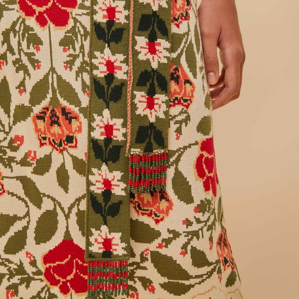 FARM Rio Sand Garden Tapstry Knit Cream Midi Dress with Green & Red Floral Print - Picture 4 of 4